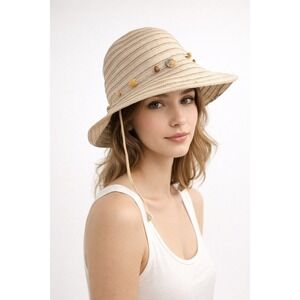 Wallaroo Hat Ellie Sun Hat Beige Tan Beaded Shells Packable Costal Vacation